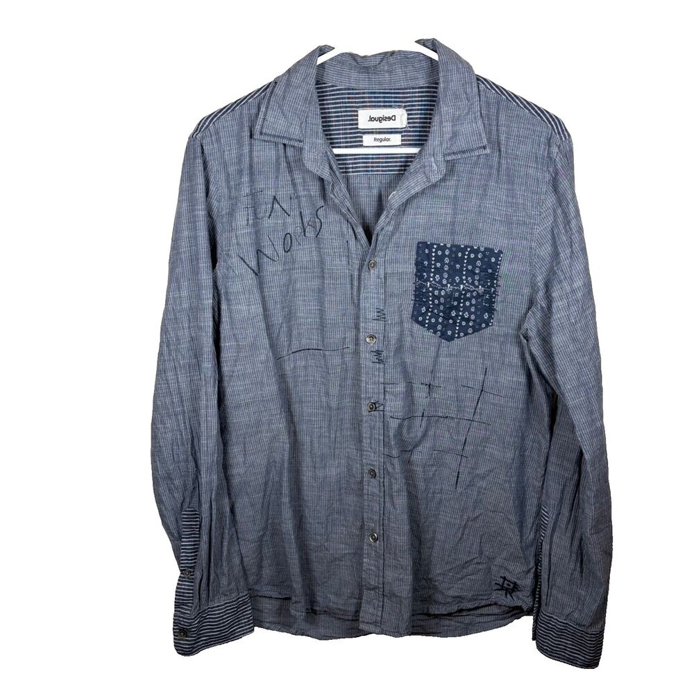 Desigual Shirt Men's Medium Blue Button Up Regular Art Collared Patch